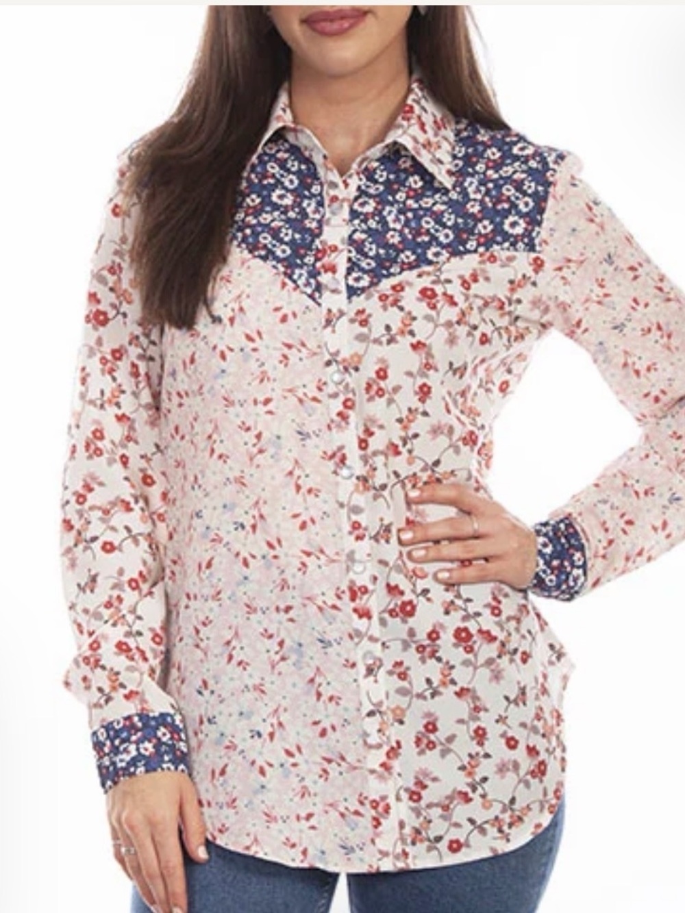 Scully White Floral Button-Down Shirt with Blue Accents